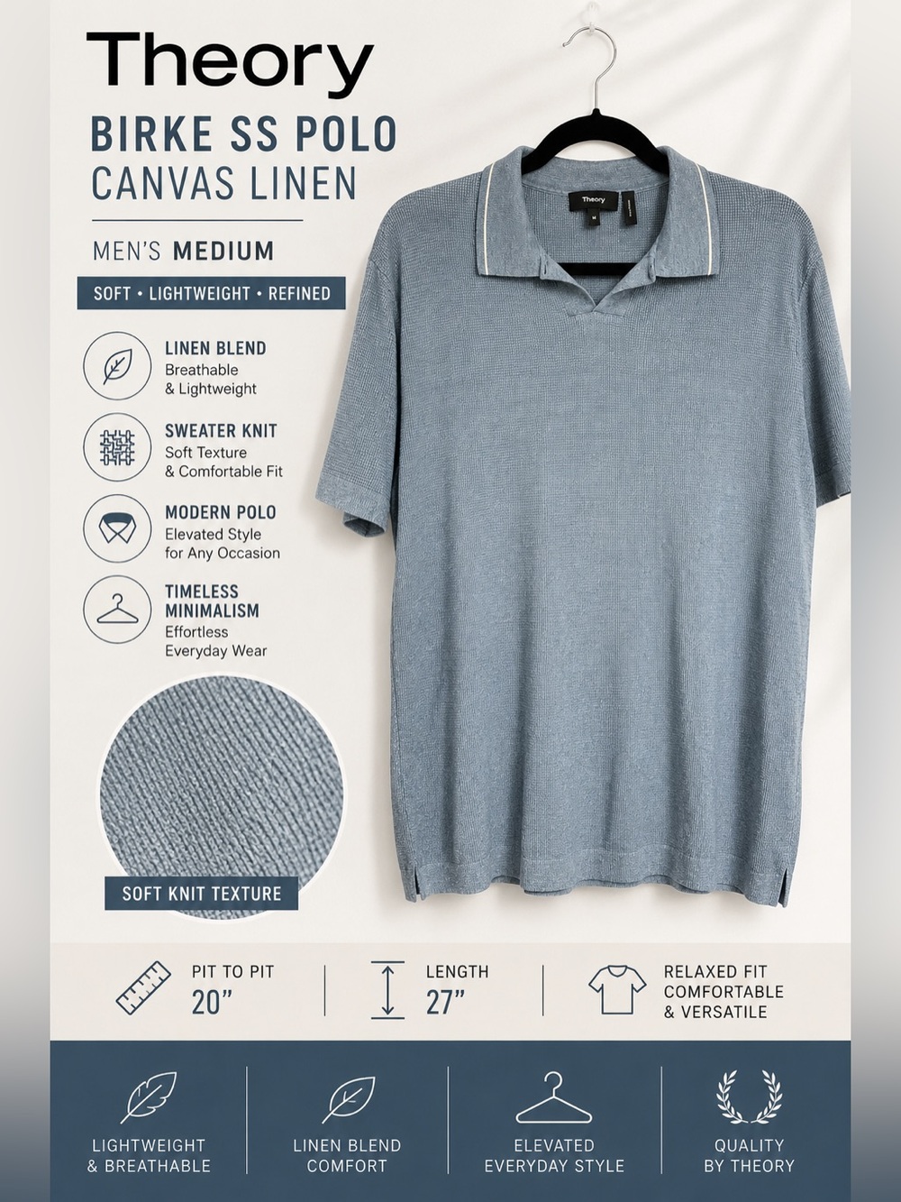 Theory Light Blue Linen-Blend Birke SS Polo